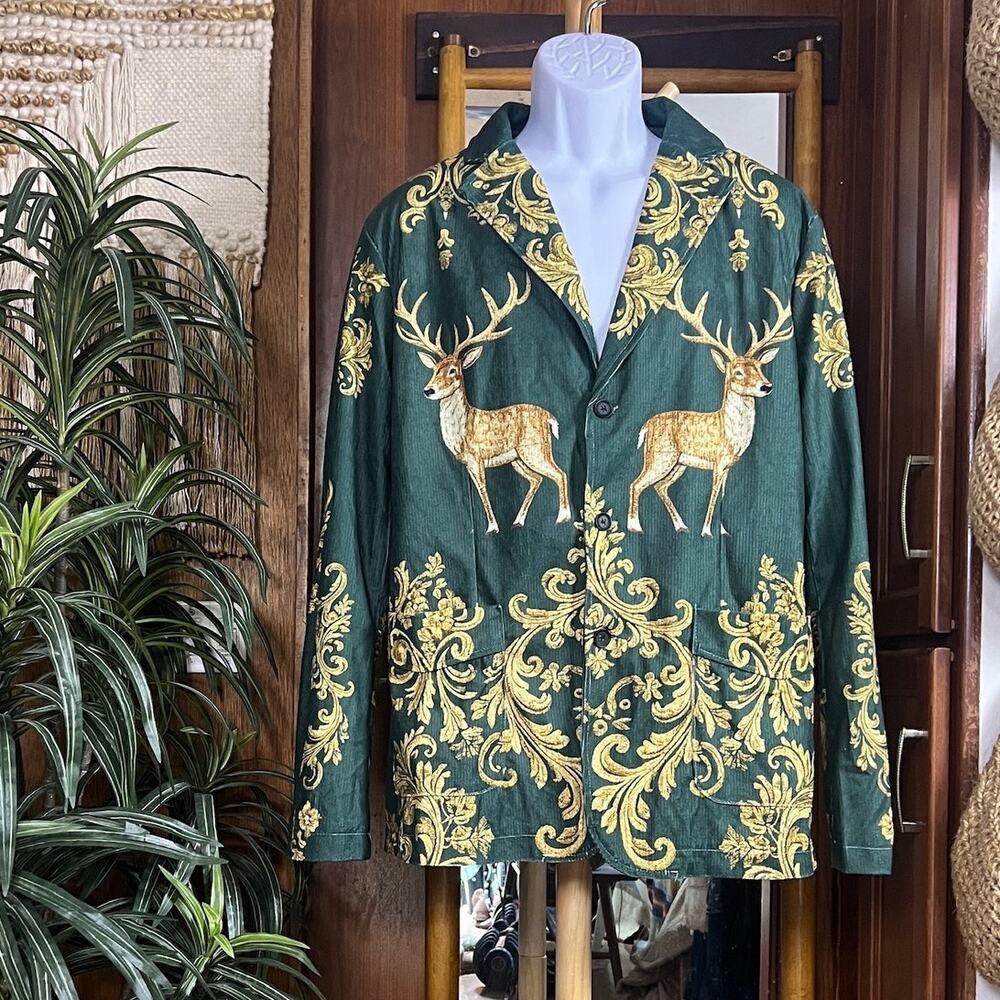 Stag Baroque Blazer Jacket Men L Green Gold Deer Print Christmas Party Statement